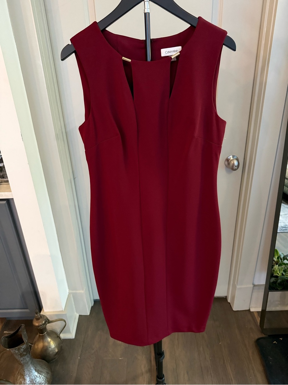 Calvin Klein Sleeveless Wine Midi Sheath Dress with Gold Accent
